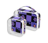Trousse de toilette transparente à motif à carreaux noirs et violets pour femme - Approuvée par la TSA - Résistante à l'eau - Conforme aux normes des compagnies aériennes