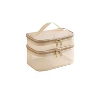 Trousse de Toilette Trousse de Maquillage Grise à Double Couche for Femme, Trousse Portable, Grande capacité, Organisateur Fermeture éclair, boîte Rangement Toilette(Gold 2 Layer)
