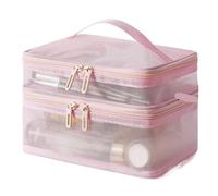 Trousse de Toilette Trousse de Maquillage Grise à Double Couche for Femme, Trousse Portable, Grande capacité, Organisateur Fermeture éclair, boîte Rangement Toilette(Pink 2 Layer)