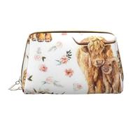Trousse de Toilette, Trousse de Maquillage, Trousse de Toilette de Voyage Portable avec Fermeture éclair,Vache écossaise des Highlands à Fleurs Roses printanières