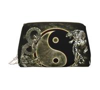 Trousse de toilette Yin Yang en cuir de qualité supérieure avec imprimé dragon et pochette portable étanche ouverte plate, doré, Taille unique