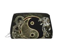 Trousse de toilette Yin Yang en cuir de qualité supérieure avec imprimé dragon et pochette portable étanche ouverte plate, Argenté., Taille unique