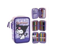Trousse Double Hello Kitty Kuromi pour Fille et garçon - Trousse Scolaire avec Accessoires, 3 Compartiments avec Fermeture éclair et Set de Papeterie, Couleur Violette, Taille Unique, Retour au Cole
