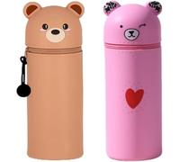 Trousse Ecole 2 en 1 en Silicone Souple Kawaii Porte-Plume, Fermeture Eclair en Silicone, Ours Pochette de Stylo, Crayons, Marqueurs, Étui pour Fournitures Scolaires de Grande capacité(2 pièces )
