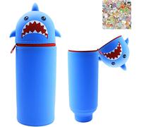 Trousse Ecole 2 En 1 En Silicone Souple Scolaire Fille Garcons,Unisexe Trousse Papeterie Enfant Avec Fermeture Eclair Pochette Trousse À Crayons Autocollants Anniversaire Cadeaux (Bleu Requin)