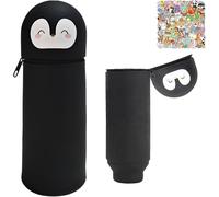 Trousse Ecole 2 En 1 En Silicone Souple Scolaire Fille Garcons,Unisexe Trousse Papeterie Enfant Avec Fermeture Eclair Pochette Trousse À Crayons Autocollants Anniversaire Cadeaux (Noir Pingouin)