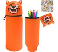 Trousse Ecole 2 En 1 En Silicone Souple Scolaire Fille Garcons,Unisexe Trousse Papeterie Enfant Avec Fermeture Eclair Pochette Trousse À Crayons Autocollants Anniversaire Cadeaux (Orange Tigre)