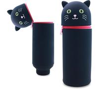 Trousse Ecole 2 En 1 En Silicone Souple, Trousse Silicone Verticale, Panda Pochette De Stylo, Fermeture À Glissière, Pour Fournitures Scolaires De Grande Capacité (Chat Noir)