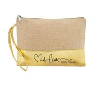 Trousse en jute de maquillage dore pochette love et coeur personnalisee