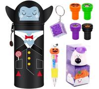 Trousse en silicone 2 en 1 - Halloween Kawaii - Trousse magicien + stylo cinq couleurs + jouet labyrinthe + taille-crayon + 4 tampons - Porte-stylo de table, fermeture éclair, fournitures scolaires