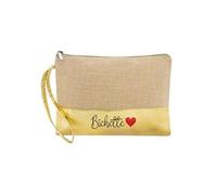 Trousse et pochette de maquillage en jute dore avec motif bichette et coeur