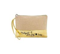 Trousse et pochette de maquillage en jute dore avec motif depart EVJF personnalisee