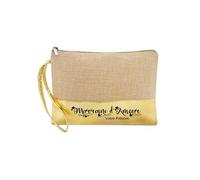 Trousse et pochette de maquillage en jute dore avec motif marraine d'amour personnalisee