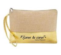 Trousse et pochette de maquillage Taperso en jute dore avec motif soeur de coeur personnalisee Beige G