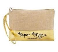 Trousse et pochette de maquillage Taperso en jute dore avec motif super mamie personnalisee Beige G