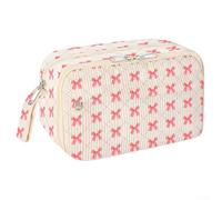 Trousse fonctionnelle en velours côtelé avec fermeture éclair sécurisée, grande capacité de rangement pour les fournitures scolaires et les essentiels du quotidien (nœud rose, petite taille)
