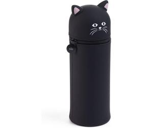 Trousse Gobelet Chat,Étui Scolaire Un Compartiment,Trousse 2 En 1 Extensible,Trousse En Silicone Texture Douce,Fermeture Éclair,Couleur Noire