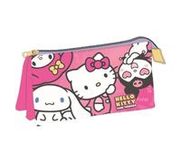 Trousse Hello Kitty and Friends pour Fille - 3 Compartiments avec Fermeture éclair, Couleur Rose, 100% Polyester résistant, Organiseur Scolaire pour Crayons et matériel, Licence Officielle