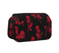 Trousse imprimée à deux couches, Tête de mort rose., Taille unique | Pochette à clapet de grande capacité avec séparateur en maille, support de papeterie léger pour bureau, voyage, campus