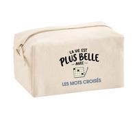 Trousse Multifonction La Vie est Plus Belle avec Les Mots croisés | modèle 2 | Pochette Coton 2,5 L Zip Métal Forme Cubique | Toilette Maquillage École Câbles | Idée Cadeau Rentrée