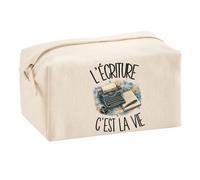 Trousse Multifonction L'écriture C'est la Vie | Pochette en Coton 2,5 L avec Zip Métal et Forme Cubique | Toilette Maquillage École Câbles Écrivain Écrivaine