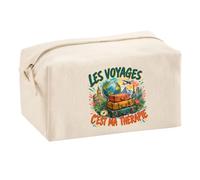Trousse Multifonction Les Voyages C'est ma thérapie | Pochette en Coton 2,5 L avec Zip Métal et Forme Cubique | Toilette Maquillage École Câbles