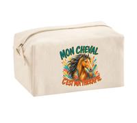 Trousse Multifonction Mon Cheval C'est ma thérapie | Pochette en Coton 2,5 L avec Zip Métal et Forme Cubique | Toilette Maquillage École Câbles