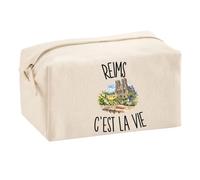Trousse Multifonction Reims c’est la Vie | Pochette en Coton 2,5 L avec Zip Métal et Forme Cubique | Toilette Maquillage École Câbles Rémois Rémoise