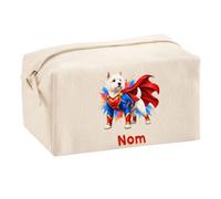 Trousse Multifonction West Highland White Terrier : Super-héros | Pochette en Coton 2,5 L avec Zip Métal et Forme Cubique | Toilette Maquillage École Câbles Propriétaire Chien