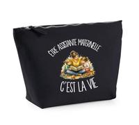 Trousse Noire Être Assistante Maternelle C'est la Vie | Trousse de Toilette en Coton 3 L avec Zip Métal et Fond Plat | Maquillage École Câbles | Cadeau Nounou Anniversaire