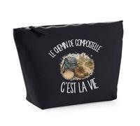 Trousse Noire Le Chemin de Compostelle C'est la Vie | Trousse de Toilette en Coton 3 L avec Zip Métal et Fond Plat | Maquillage École Câbles | Cadeau Pèlerin Pèlerine Anniversaire