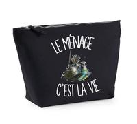 Trousse Noire Le ménage C'est la Vie | Trousse de Toilette en Coton 3 L avec Zip Métal et Fond Plat | Maquillage École Câbles | Cadeau Fée du Logis Anniversaire