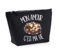 Trousse Noire Mon Amour C'est ma Vie | Trousse de Toilette en Coton 3 L avec Zip Métal et Fond Plat | Maquillage École Câbles | Cadeau Amoureux Amoureuse Anniversaire