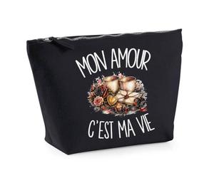Trousse Noire Mon Amour C'est ma Vie | Trousse de Toilette en Coton 3 L avec Zip Métal et Fond Plat | Maquillage École Câbles | Cadeau Amoureux Amoureuse Anniversaire