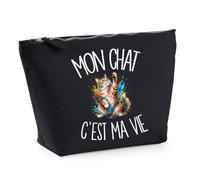 Trousse Noire Mon Chat C'est ma Vie | Trousse de Toilette en Coton 3 L avec Zip Métal et Fond Plat | Maquillage École Câbles | Cadeau Amoureux et Amoureuse des Félins Anniversaire