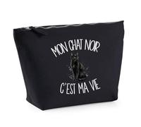 Trousse Noire Mon Chat Noir C'est ma Vie | Trousse de Toilette en Coton 3 L avec Zip Métal et Fond Plat | Maquillage École Câbles | Cadeau Amoureux et Amoureuse des Félins Anniversaire