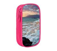 Trousse noire motif plage Maui Hawaï coucher de soleil vagues nuages, rose | Trousse à crayons de grande capacité - Organiseur de papeterie - Trousse de maquillage pour étudiants, bureau, voyage