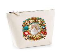 Trousse Photo Personnalisée - Le Vrai Chef de la Maison C'est Moi Version Chat | Trousse de Toilette Beige Coton 3 L Zip Métal Fond Plat avec Votre Photo | Idée Cadeau Rentrée Noël