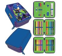Trousse Plumier avec Fournitures Sonic Prime - Violette et Bleue - 12,5x6,5x18,5 cm - en Polyester - 3 Compartiments avec Fermeture Éclair - Produit Original Conçu en Espagne
