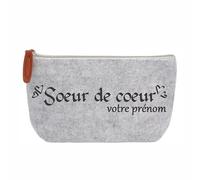 Trousse Pochette Gris Motif Soeur de Coeur Personnalisable