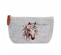 Trousse Pochette Grise Motif Cheval Boho Personnalisable