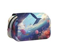 Trousse portable avec baleines qui nagent sous la mer, idéale pour organiser les stylos au bureau ou ranger des pinceaux de maquillage