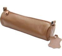 Trousse Ronde En Cuir Véritable Avec Fermeture Éclair 21 X 6 Cm, Beige Naturel