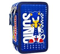 Trousse Scolaire 3D Garnie 3 Compartiments Garçon pour Sonic Fan - Kit Fournitures Scolaires Complet 44 Pièces avec Feutres Giotto - Trousse Triple École Primaire (6-10 Ans)