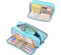 Trousse Scolaire Avec 3 Compartiments, Trousse À Crayons De Grande Capacité Sac À Crayons École Papeterie Organisateur Trousse À Maquillage Pour Filles Garçons Étudiants, Bleu Clair