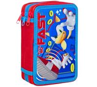 Trousse Scolaire Complète 44 Pièces pour Fan de Sonic - Kit Créatif Triple Compartiment avec Feutres, Crayons, Règle - Idée Cadeau Garçon Rouge et Bleue