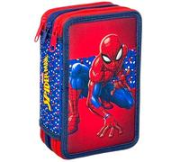 Trousse Scolaire Complète 44 Pièces pour Fan de Spiderman - Kit Créatif Triple Compartiment avec Feutres, Crayons, Règle - Idée Cadeau Garçon Rouge et Bleue