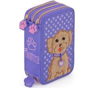 Trousse Scolaire Complète 45 Pièces - Kit Créatif Triple Compartiment avec Stylos Gel Effaçables, Crayons 4.0 mm, Feutres - Idée Cadeau Fille - Design Chien Peluche Violet - Julian Ross