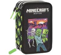Trousse scolaire élémentaire compatible avec Minecraft Movie triple compartiment, porte-stylo et porte-crayons complet avec 18 crayons de couleur, 18 feutres + cadeau porte-clés sifflet et stylo