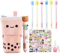 Trousse Scolaire Enfants Kit, 1 Bubble Tea Perles Plumier/Porte Stylo, 1 Porte Clef, 6 Stylos Gel, 1 Stylo Bille 10 Couleur, 50 Autocollants Bubble Tea Perles, Cadeaux Pour Filles